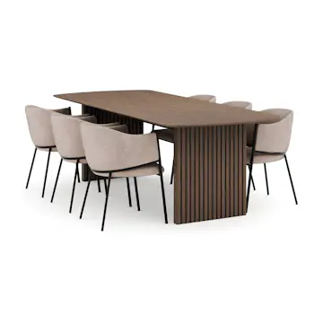 Matgrupp Bark Richeto Rektangulärt Matbord 240 cm Rökt Ek med 6 Evelina Matstol