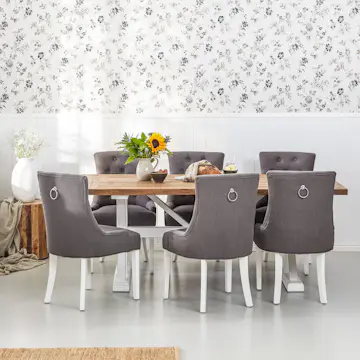 Matgrupp Bloomington Lyon Rektangulärt Matbord 200-290 cm Vit Bas Förlängningsbartt med 6 Viktoria Matstol