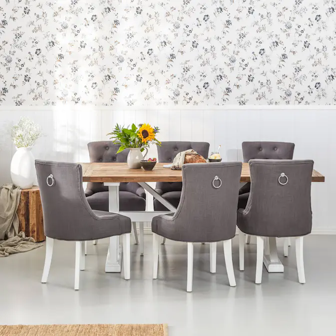 Matgrupp Bloomington Lyon Rektangulärt Matbord 200-290 cm Vit Bas Förlängningsbartt med 6 Viktoria Matstol