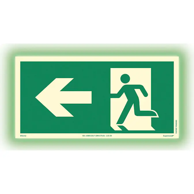 Skylt Systemtext Utrymning Pil Vänster Aluminium Supernova+