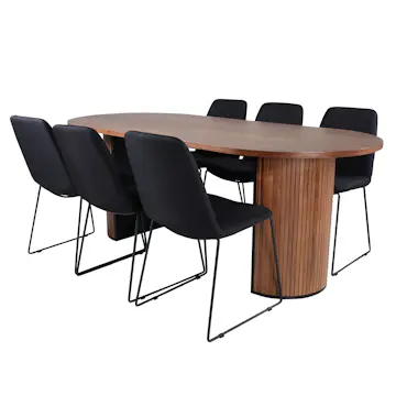 Matgrupp Venture Home Bianca Ovalt Matbord i Valnöt 200 cm & 6 Muscot Stolar i Polyester