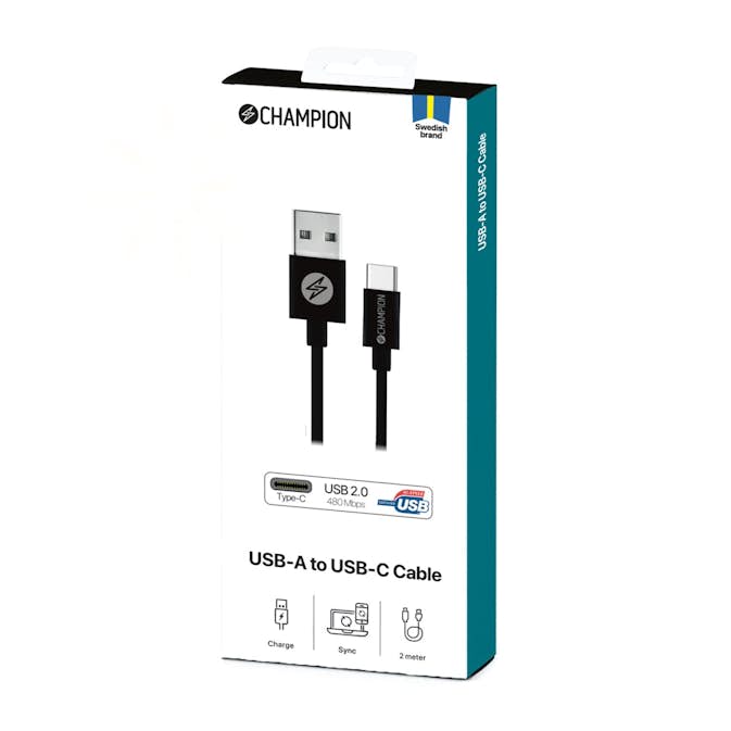 USB-A Champion till USB-C Kabel 2m Svart