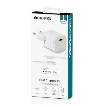 Laddare Champion 30W + USB-C till Lightning Kabel Vit