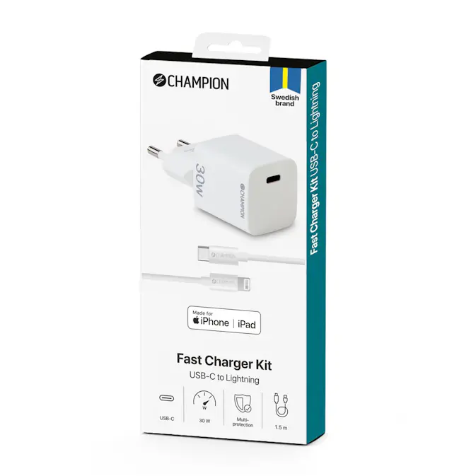 Laddare Champion 30W + USB-C till Lightning Kabel Vit