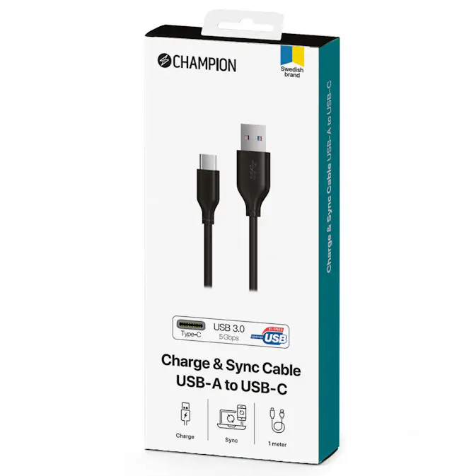 USB-A Champion till USB-C Kabel 1m Svart