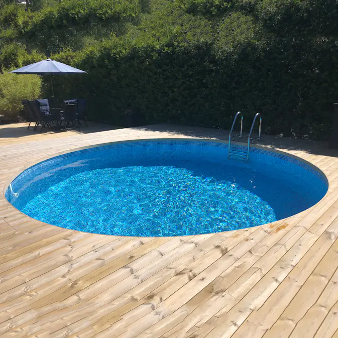 Stålväggspool Planet Pool Premium Inbyggd Rund Ø420 cm D:150 cm inkl SF8 Stege och Tillbehör