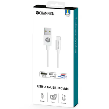 USB-A Champion till USB-C Kabel 3m Vit