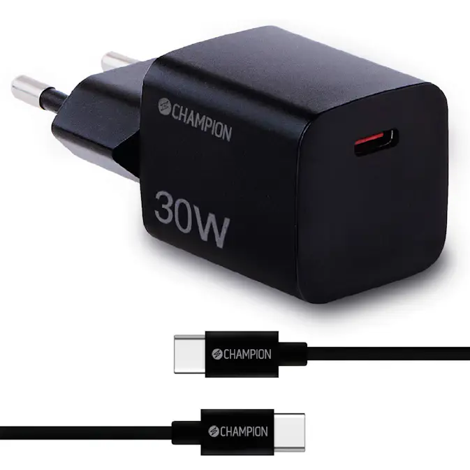 Laddare Champion 30W + USB-C Kabel Svart