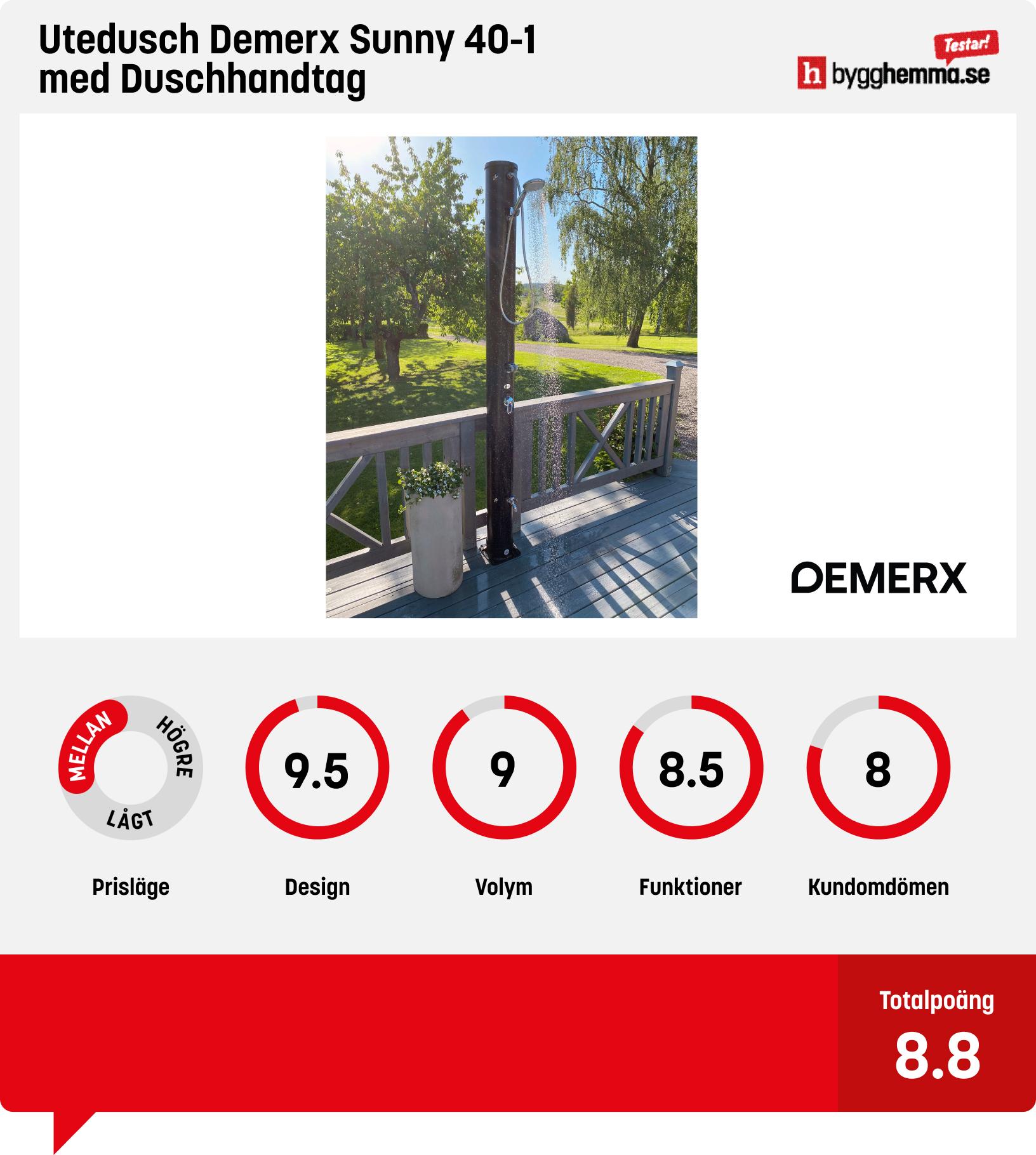 Utedusch soluppvärmd bäst i test - Utedusch Demerx Sunny 40-1 med Duschhandtag