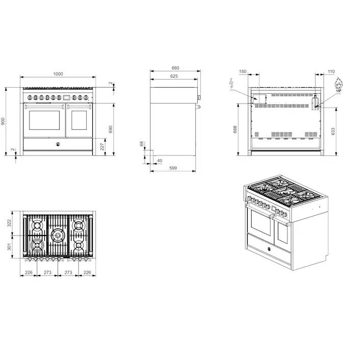 Gasolspis Steel Genesi Combi-Steam 100cm Rostfri med Två Ugnar