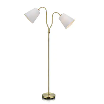 Golvlampa Markslöjd Modena i Mässing, Tvåarmad Lampa med Vit Textilskärm