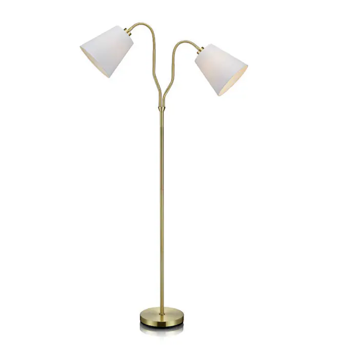 Golvlampa Markslöjd Modena i Mässing, Tvåarmad Lampa med Vit Textilskärm