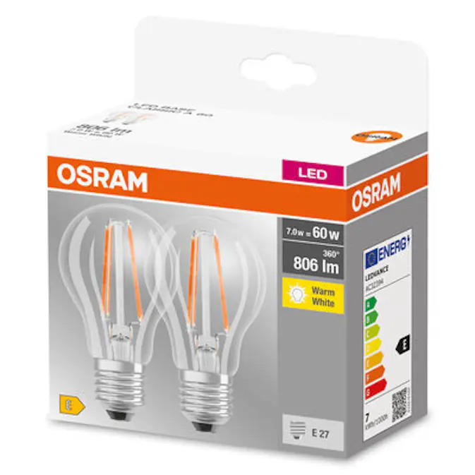 LED-Lampa Osram Normal (60) Klar 2-p E27 827 6W Cl A