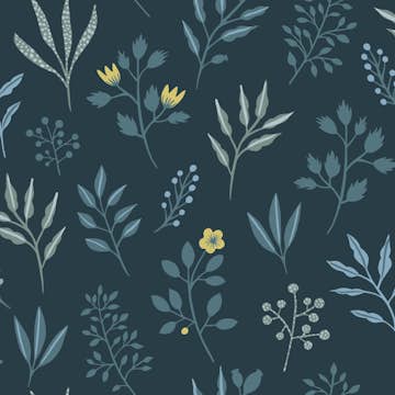 Tapet ESTAhome Blommönster i Skandinavisk Stil Mörkblå/Ockra