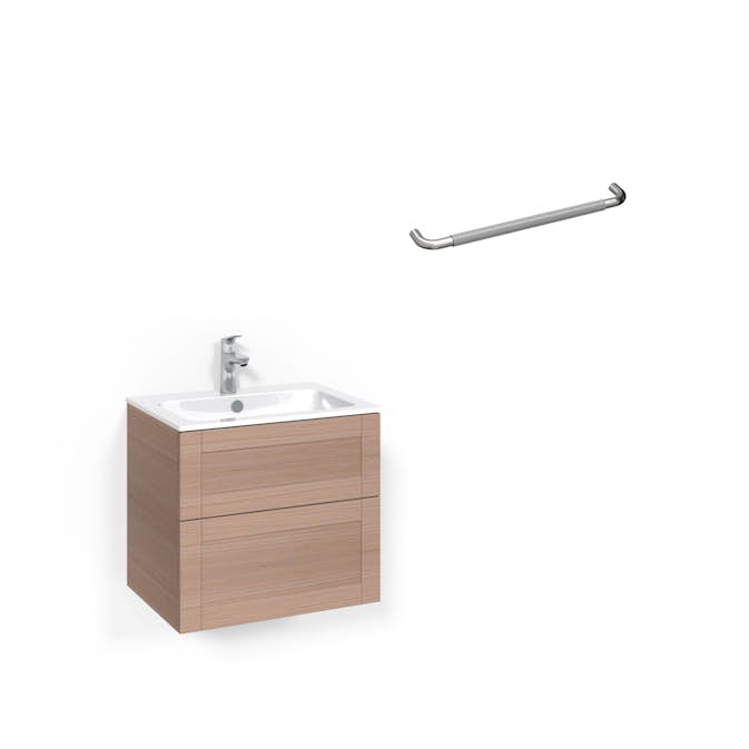 Tvättställskåp med Handtag x2, Bredd 600 mm, Ljus Ek, Rak kant/Borstat Stål Outlet