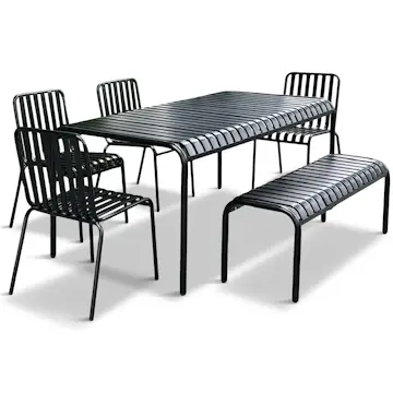 Utemöbler Matgrupp Lyfco Bergvik Svart Stål med 4 Stolar, Bänk & Rymligt Bord