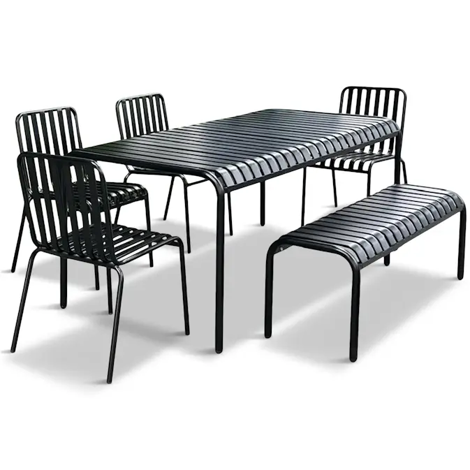 Utemöbler Matgrupp Lyfco Bergvik Svart Stål med 4 Stolar, Bänk & Rymligt Bord