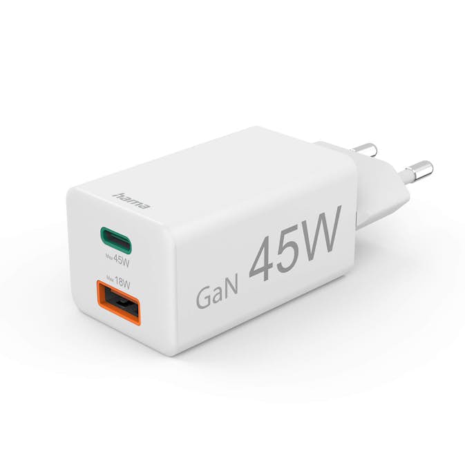 Laddare HAMA 1x USB-C 1x USB-A GaN 45W Vit
