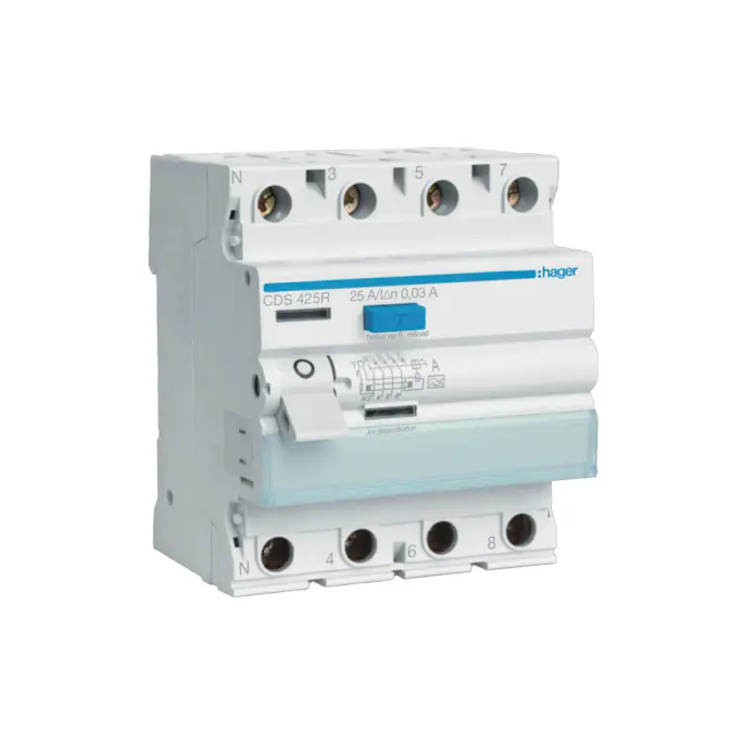 Jordfelsbrytare Hager 4-polig Typ A 6 kA 30 mA Felström med C-karakteristik