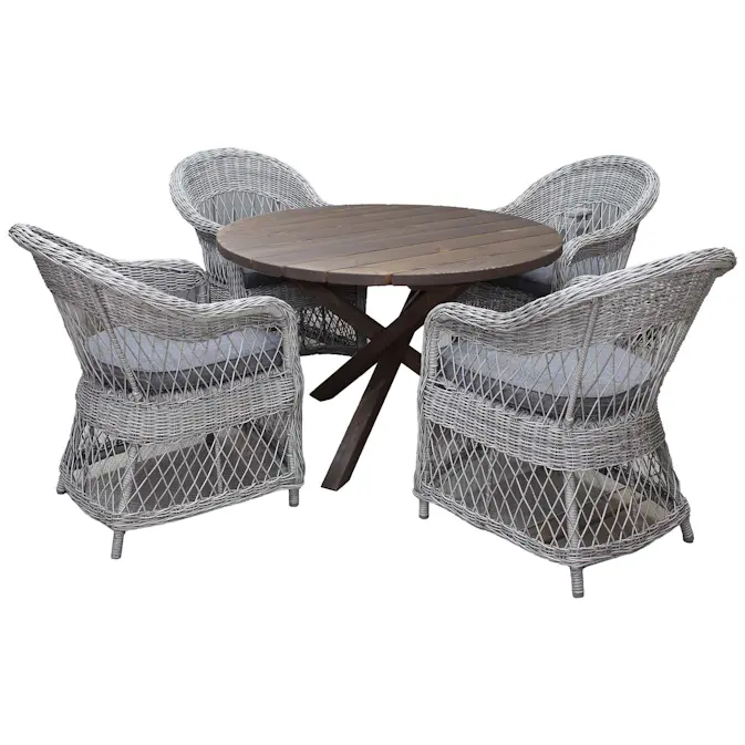 Matgrupp Utomhus Baltic Garden Ø 112 cm bord & 4 Merida grå stolar