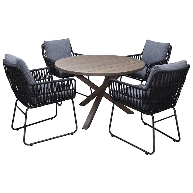 Matgrupp Utomhus Baltic Garden Ø 112 cm bord & 4 Levanto grå stolar