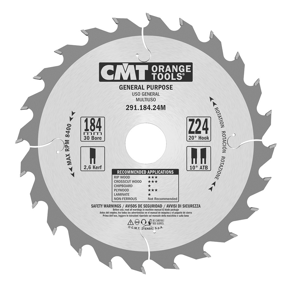 CMT ORANGE TOOLS Querschnittsägeblatt – Für Handkreissägen, 184x2,6x30 Mm, Z=40, 15° Wechselzahn