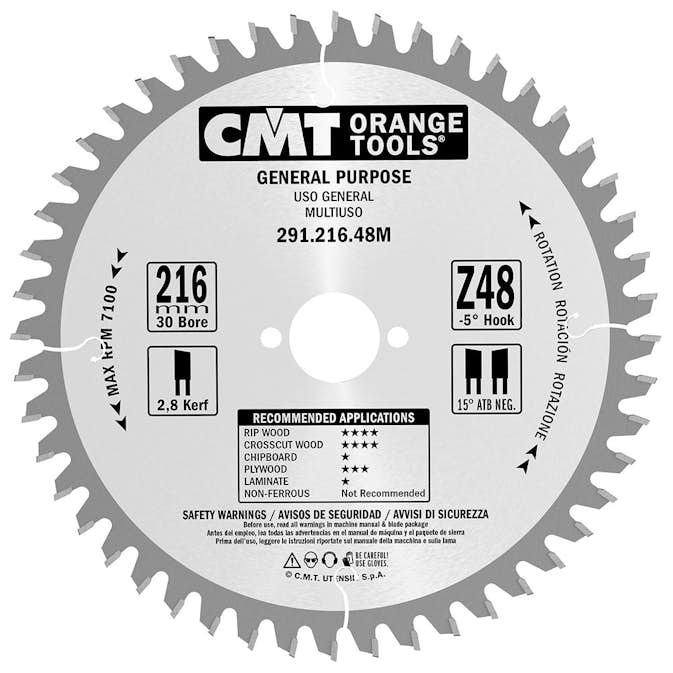 Sågklinga CMT Orange Tools Kapning/Klyvning 216x2,8x30 T48 W NEG