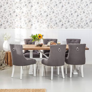 Matgrupp Bloomington Lyon Rektangulärt Matbord 200-290 cm Vit Bas Förlängningsbartt med 6 Viktoria Matstol