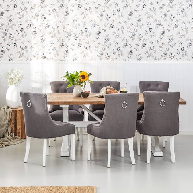 Matgrupp Bloomington Lyon Rektangulärt Matbord 200-290 cm Vit Bas Förlängningsbartt med 6 Viktoria Matstol