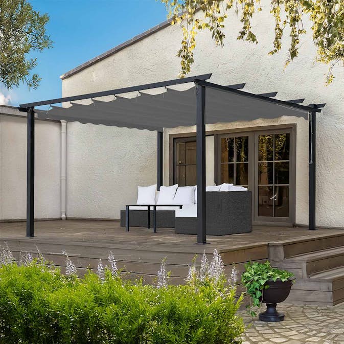 Pergola Skugga 4X4M Svart Ram Grått Tyg