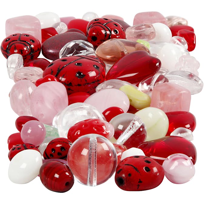 Glaspärlor Creativ Company Mixade Färger Nyckelpigor Löv Hjärtan Stl 5-22 mm Hålstl 0,5-1,5 mm 60 g/1 Förp