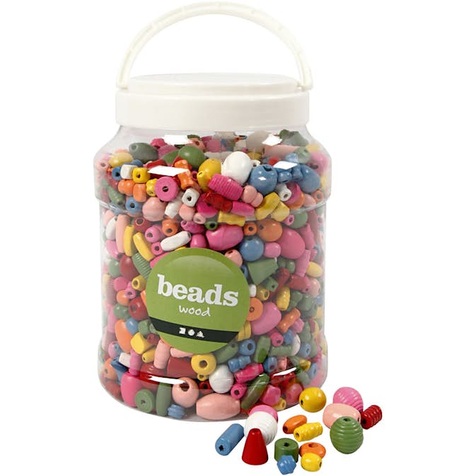 Träpärlor Creativ Company Mixade Färger Stl 5-28 mm Hålstl 2,5-3 mm 1 Hink