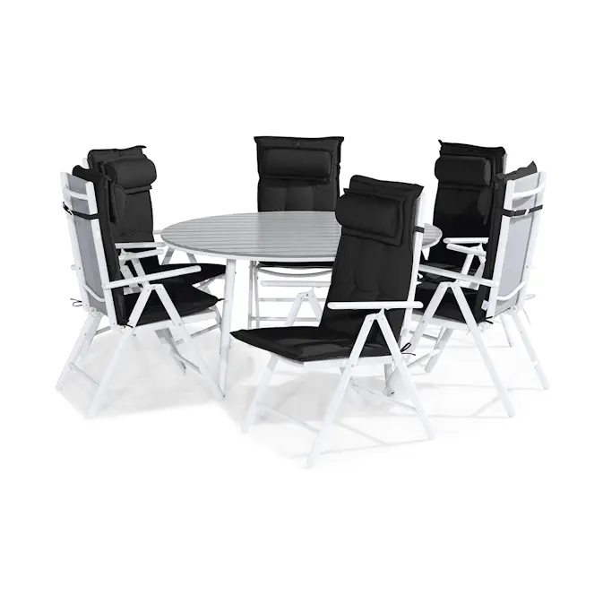 Trädgårdsgrupp Comfort Garden Tunis Matgrupp Utomhus 140 Rund + 6 Maggie Positionsstol m Dyna