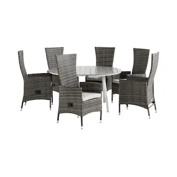 Trädgårdsgrupp Comfort Garden Tunis Matgrupp Utomhus 140 Rund + 6 Jenny Fåtölj Ställbar m Dyna