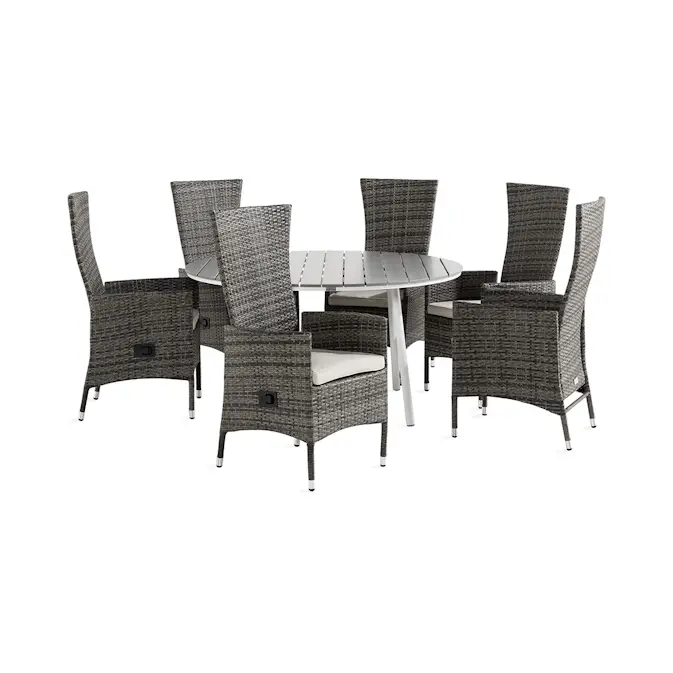 Trädgårdsgrupp Comfort Garden Tunis Matgrupp Utomhus 140 Rund + 6 Jenny Fåtölj Ställbar m Dyna