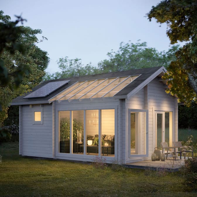 Attefallshus Baseco Solbacka stuga med växthus 25 m2