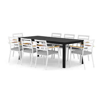 Trädgårdsgrupp Comfort Garden Tunis utomhus matgrupp 205x90 cm med 8 Oliver karmstolar med dyna