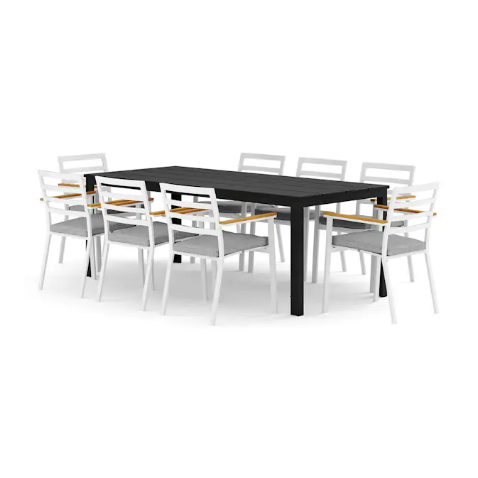 Trädgårdsgrupp Comfort Garden Tunis utomhus matgrupp 205x90 cm med 8 Oliver karmstolar med dyna