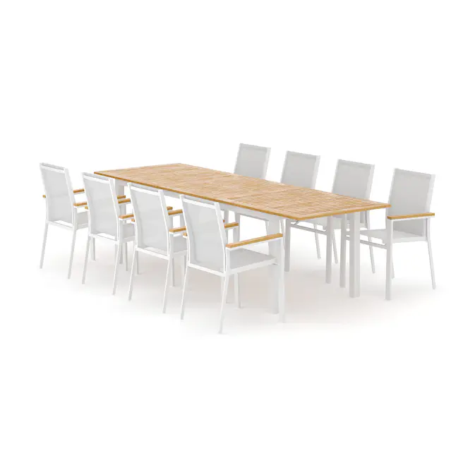 Trädgårdsgrupp deNoord Las Vegas utomhus matgrupp förlängningsbart 220x280x100 cm med 8 Las Vegas stapelstolar