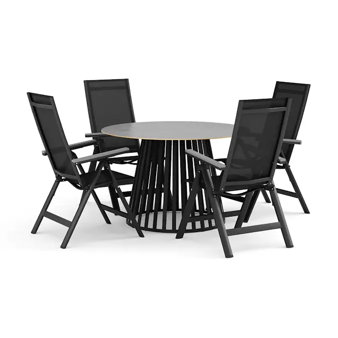 Trädgårdsgrupp deNoord Sensi utomhus matgrupp 120 cm med 4 Monaco Light positionsstolar