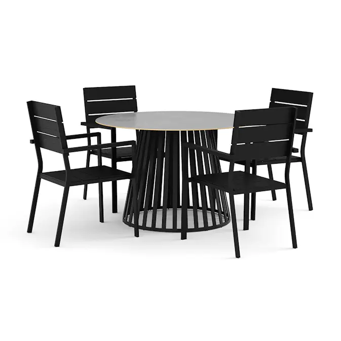 Trädgårdsgrupp deNoord Sensi utomhus matgrupp 120 cm med 4 Tunis stapelstolar