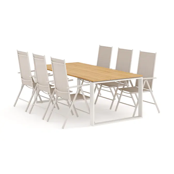 Trädgårdsgrupp Comfort Garden Devon utomhus matgrupp 210x100 cm med 6 Maggie positionsstolar