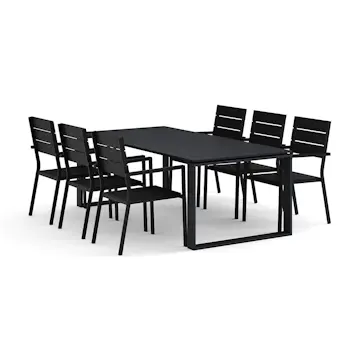 Trädgårdsgrupp Comfort Garden Devon utomhus matgrupp 210x100 cm med 6 Tunis stapelstolar