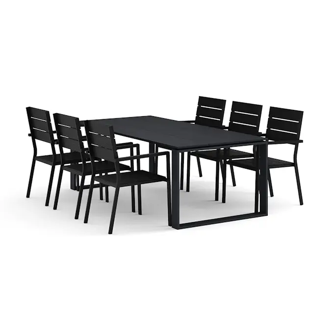 Trädgårdsgrupp Comfort Garden Devon utomhus matgrupp 210x100 cm med 6 Tunis stapelstolar