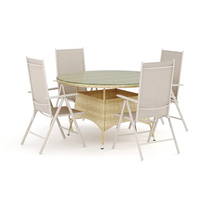 Trädgårdsgrupp Comfort Garden Thor utomhus rund matgrupp 140 cm med 4 Maggie positionsstolar