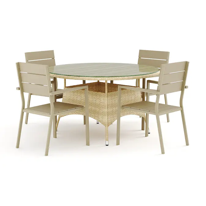 Trädgårdsgrupp Comfort Garden Thor utomhus rund matgrupp 140 cm med 4 Tunis stapelstolar