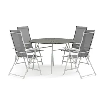 Trädgårdsgrupp Comfort Garden Tunis utomhus rund matgrupp 120 cm med 4 Sanna positionsstolar