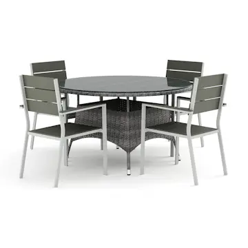 Trädgårdsgrupp Comfort Garden Thor utomhus rund matgrupp 140 cm med 4 Tunis stapelstolar