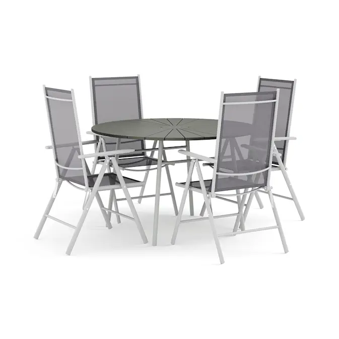 Trädgårdsgrupp Comfort Garden Tunis utomhus rund matgrupp 120 cm med 4 Maggie positionsstolar
