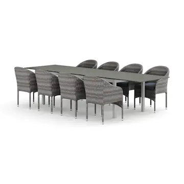 Trädgårdsgrupp Comfort Garden Tunis utomhus matgrupp förlängningsbart 205/305x90 cm med 8 Thor fåtöljer